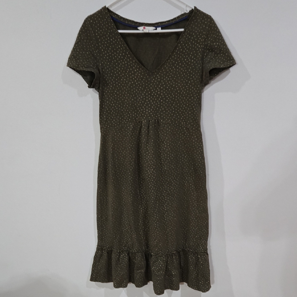 Boden Sz 8L Womens Khaki Green Midi Dress with Polka Dots